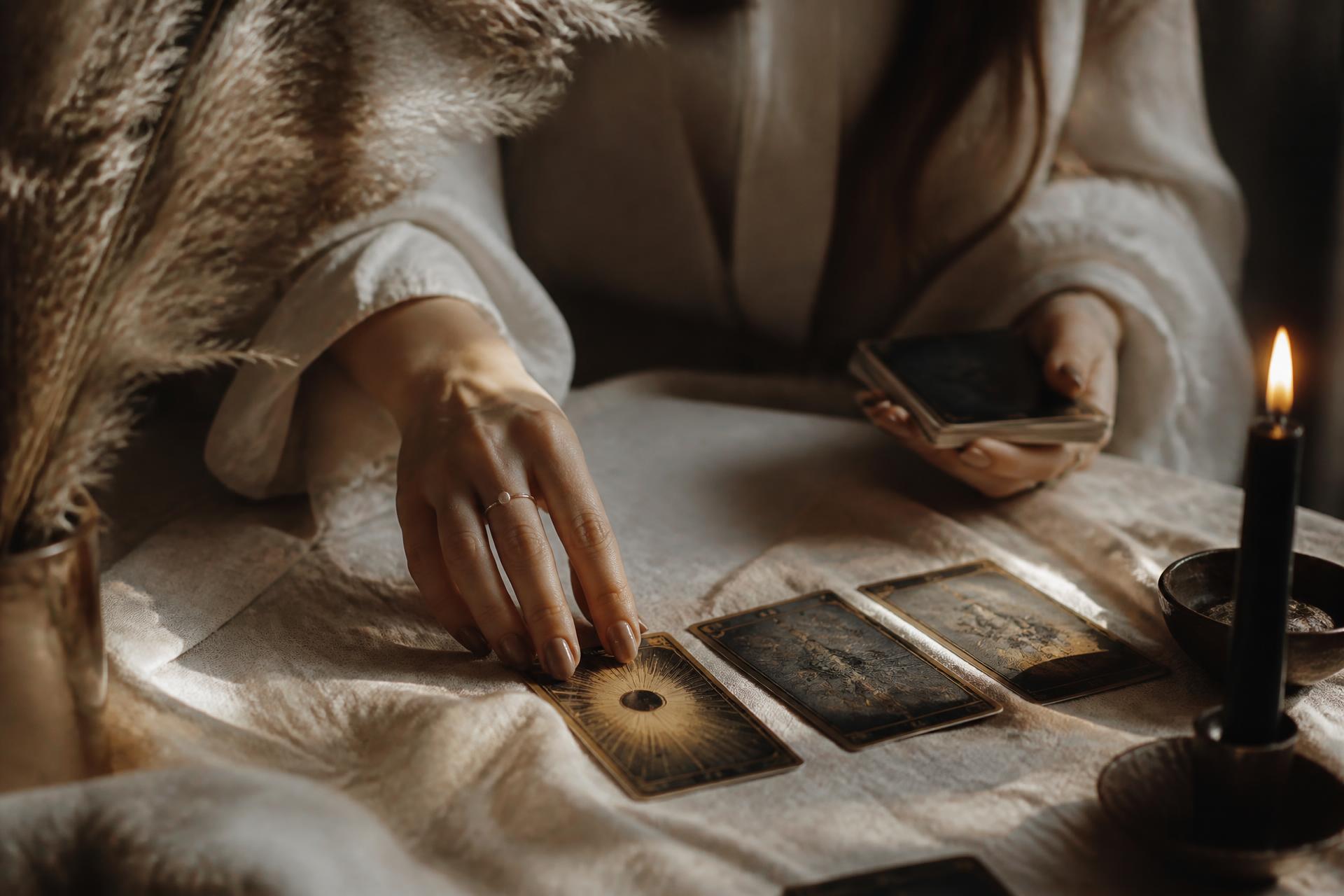 Hands laying tarot cards on linen by candlelight